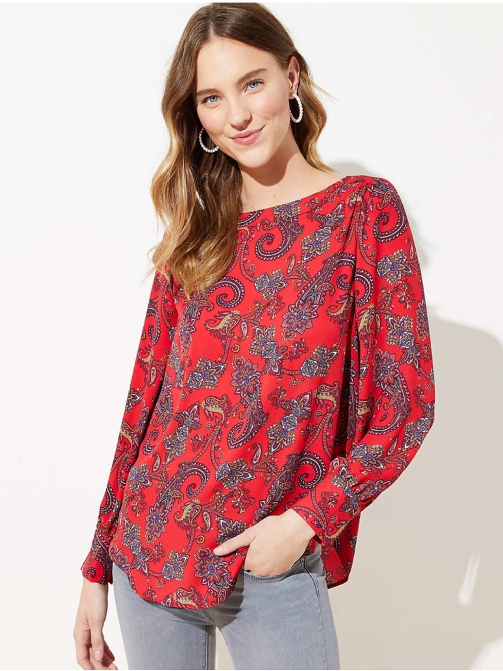 LOFT Paisley Boatneck Puff Sleeve Blouse Sz S NWT